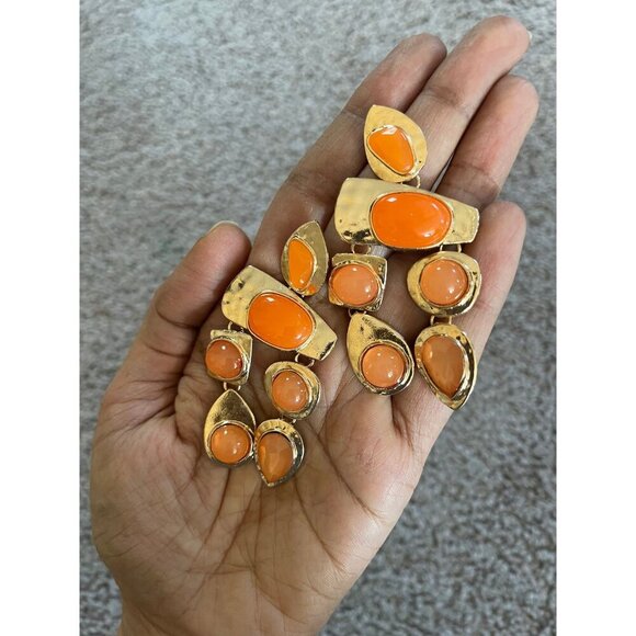 Chunky Orange earrings , large gold chandelier earrings  , vintage style , long - Picture 2 of 8